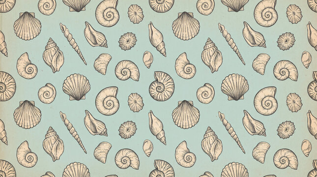 Vintage hand drawn seashell seamless pattern with line art sea shells and ammonites on mint green paper texture with copy space