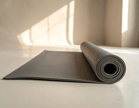 Grey yoga mat rolled on floor with sunlight