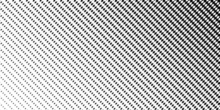 Halftone vector texture of gradient geometric black diamonds. Seamless fading pattern. Abstract technological soft transition for background and backdrop. Gradient transition lattice