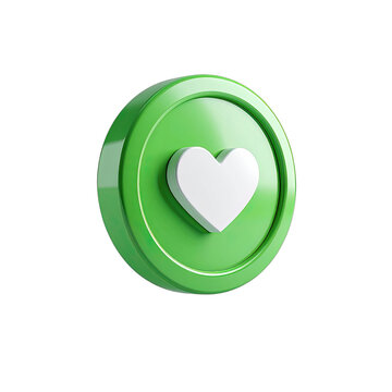 A 3D rendering of a green circle with a white heart icon inside against a black background.