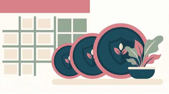 Flat vector illustration of insurance protection concept with shields and a small house plant.