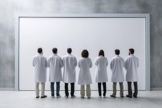 Diverse medical professionals looking at a large empty display for new information