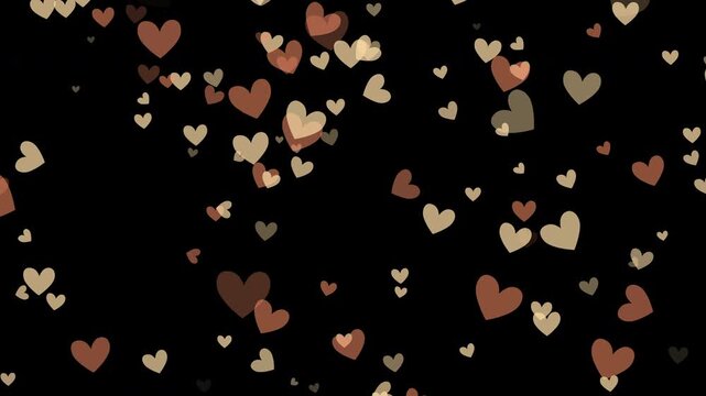 黒背景にベージュとオレンジで輝くハートパーティクルのシームレスループ動画・合成用素材 / Beige and brown glowing heart particles on black background, seamless loop video for overlay