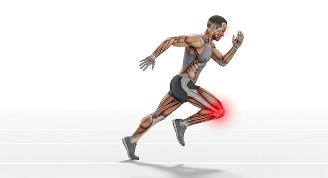 Runner muscle anatomy showing knee pain injury during intense athletic sprint against isolated white background