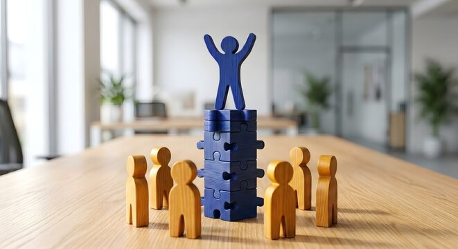 Conceptual 3d illustration of a blue human figurine celebrating victory on top of a puzzle tower surrounded by a wooden team