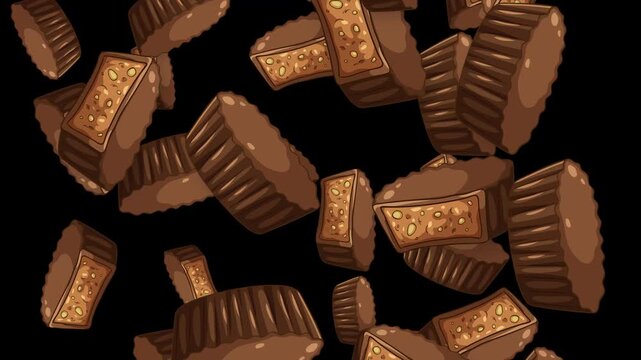 Falling Chocolate Peanut Butter Cups and Candy Bars on Black Background