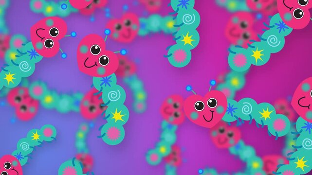 Playful Cartoon Caterpillars Falling Over a Vibrant Purple Mesh Background