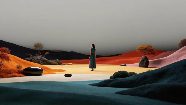 Surreal minimalist landscape with woman in teal long dress standing among colorful rolling sand hills with autumn trees and smooth stones showing peaceful zen concept