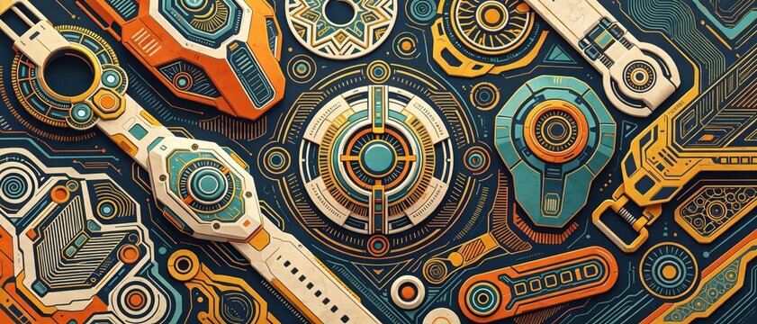 Vintage futuristic abstract mechanical geometric pattern with warm orange teal and blue circular elements showing technical industrial engineering design on dark background