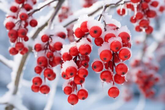 Clusters of red berries on a branch covered with fresh snow and ice with a blue background