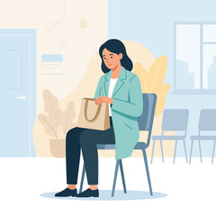 Fototapeta premium Woman waiting in a doctor's office or clinic reception area, seated with a handbag.