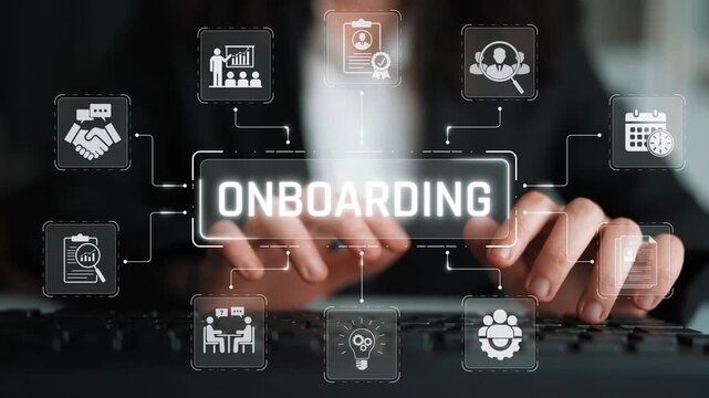 Hands Typing on Laptop Keyboard with Digital Icons Representing Employee Onboarding Process in a Modern Office Environment Sigmoid