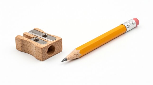 Wooden pencil sharpener with sharpened yellow pencil on white background