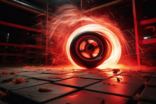 Industrial wheel spinning, generating a vortex of red orange sparks and light