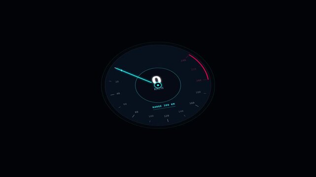 Angled digital electric vehicle speedometer dial with dynamic acceleration and glowing needle