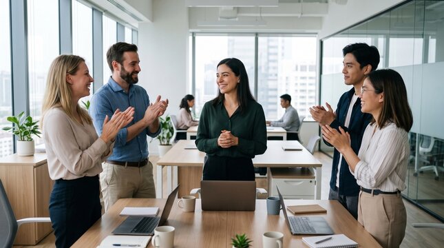 Diverse business professionals clapping and smiling in a modern office setting, celebrating success or showing appreciation for a colleague.