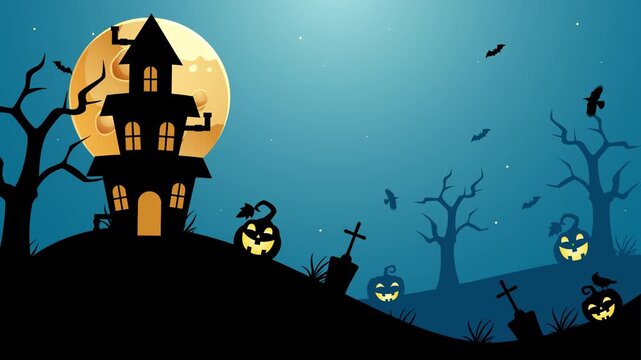 scary night Halloween background animation with crow and tombstone