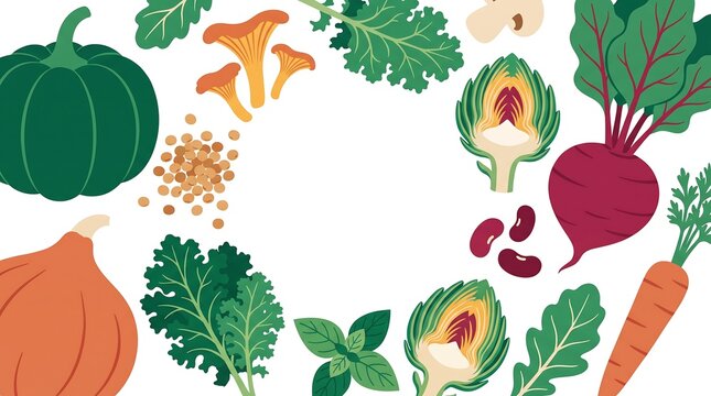Flat lay illustration of various fresh vegetables and mushrooms on a white background.