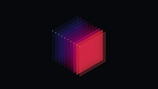 Ten spectral translucent planar slices forming breathing isometric cube volume