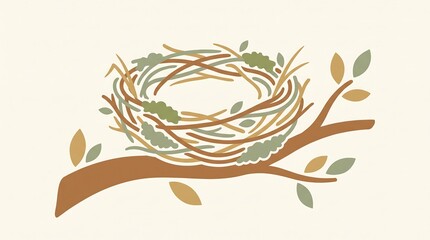 Obraz premium Hand drawn illustration of a bird nest on a tree branch.