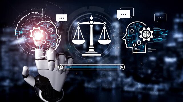 Advanced Technology Concept with Artificial Intelligence, Legal Balance, and Brain Symbol in a Futuristic Digital Landscape. Entropy.