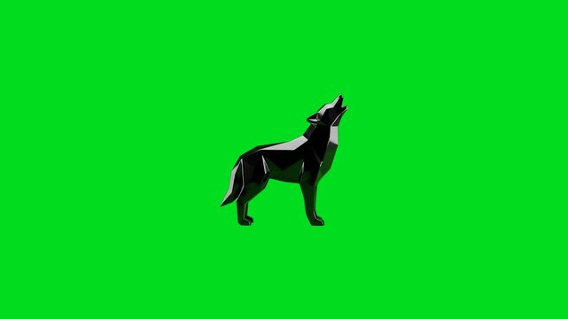 A sleek black geometric wolf figure howling against a vibrant green background
