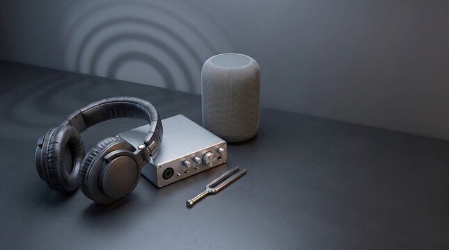 Modern audio equipment setup with headphones amplifier speaker and tuning fork.