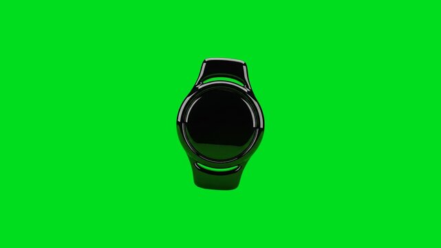 A sleek black smartwatch isolated against a vibrant chroma key green background