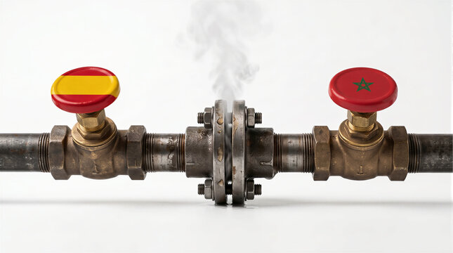 gas pipeline with spain and morocco flag valves leaking steam isolated on white background, energy crisis, gas supply tension and geopolitical dispute in the strait of gibraltar concept