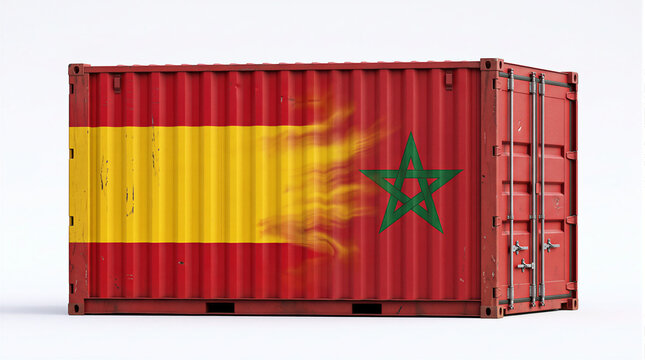 shipping cargo container with combined spain and morocco flags isolated on white background, bilateral trade, import export and economic relations concept