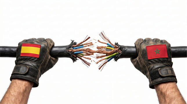 hands with spain and morocco flag gloves pulling and snapping an electric cable isolated on white background, diplomatic breakup, energy disconnection and geopolitical crisis concept
