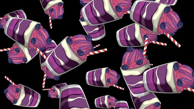 Falling Blueberry Dessert Cups Animation on Black Background