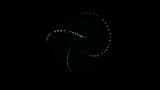 Three dimensional torus knot ribbon wrapped in streaming monospace code