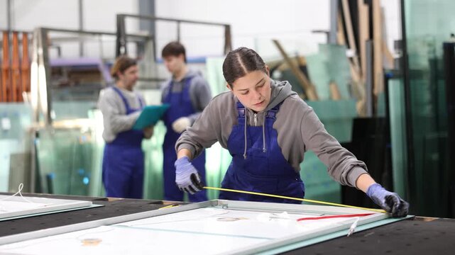 Young woman employee in blue overall measures given length of plastic material, preparatory stage of production chain. Worker determines overall dimensions of workpiece