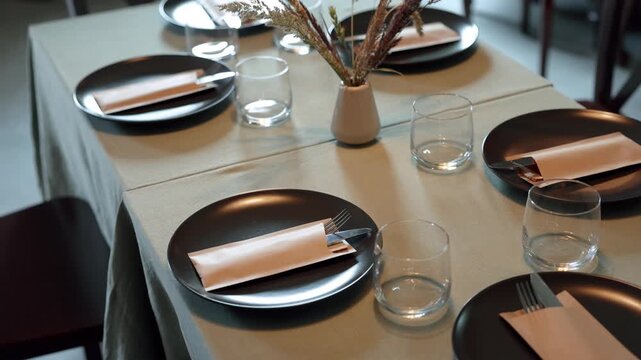 Warm restaurant table setting with black plates, clear glasses, wrapped cutlery, neutral tablecloth, and a small vase filled with dried grasses and wheat