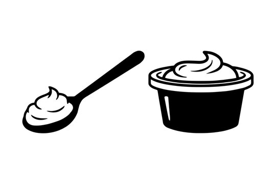 Sour cream icon set with full tub container and spoon full of mayonnaise vector illustration isolated on white background