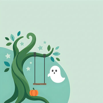 Cute little ghost floating near a magical tree with a swing and a pumpkin for a fun halloween holiday illustration design