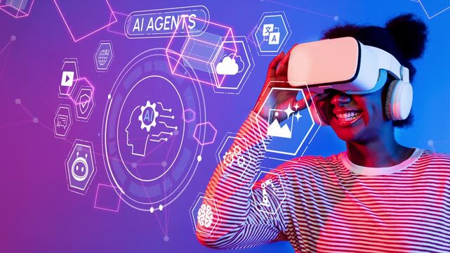Happy young woman wearing virtual reality headset in colorful background with digital graphics representing artificial intelligence and technology concepts in modern design. Entropy.