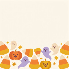Fototapeta premium Cute pixel art halloween border with pumpkins ghosts and candy corn elements