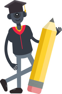 Student Robot Character and Pencil
