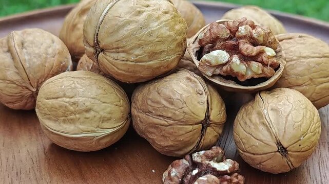  Walnut kernels and whole walnuts on wooden background