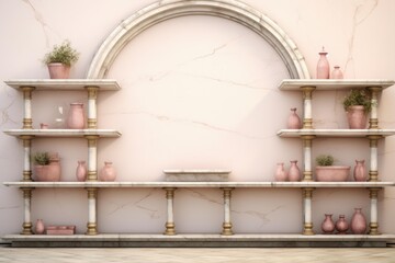Fototapeta premium Neoclassical interior designed with white marble shelves, a central arch, and pink decorative elements