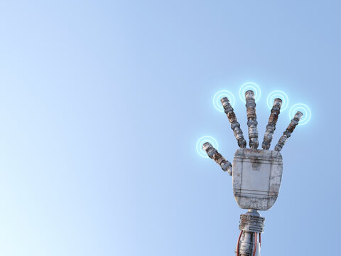 Robot hand pressing illuminated buttons