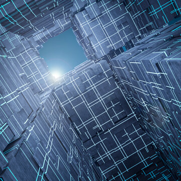 Light shining above futuristic cubes, 3d rendering