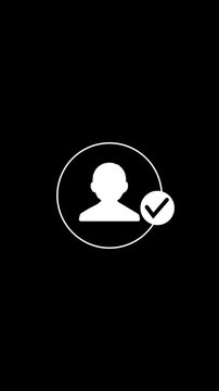 White user profile icon with a check mark on a black background, showing verified account, approved identity, login access, or successful registration in a simple minimal style