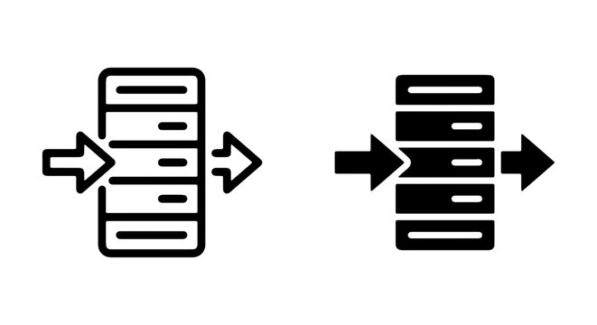Data migration icon set, server transfer symbols, database flow vector graphics for web design