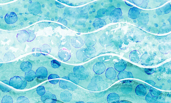 Blue watercolor background features an abstract ocean wave design