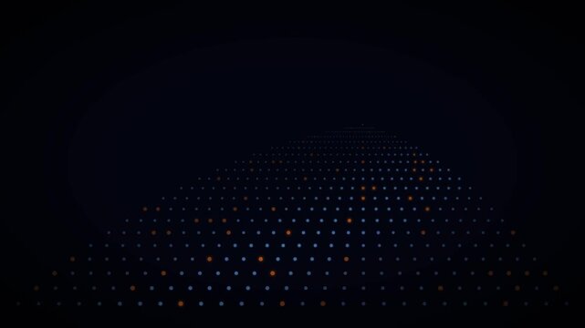 Blue dot grid in deep perspective with orange accents has diagonal brightness wave
