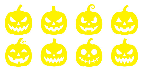 Set of Spooky Halloween Pumpkin Silhouettes - Various Scary Jack-o'-lantern Face Expressions Icons for Holiday Decoration and Creative Design Projects - Black and White Vector Graphics. Creepy Pumpkin