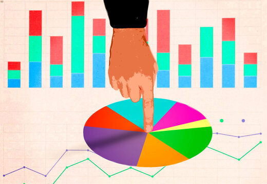 Hand pointing at colorful pie chart with business data and graph